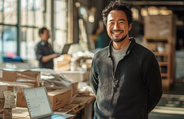 Business owner standing and smiling beside laptop