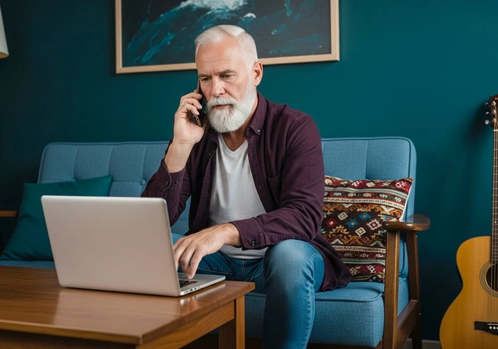 Older man sits on a sofa talking on the phone and using a laptop