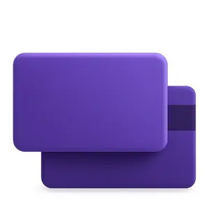 Two overlapping purple credit cards, one slightly behind the other.