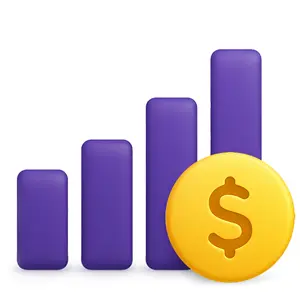 Purple bar chart with four ascending bars and a gold coin featuring a dollar sign in front.