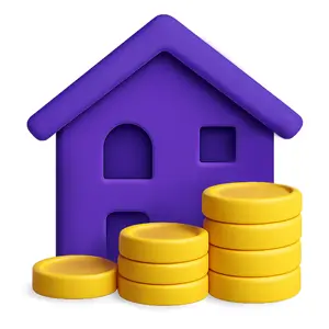 Purple house with stacks of gold coins in front of it.