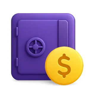 Purple safe with a gold coin featuring a dollar sign in front of it.
