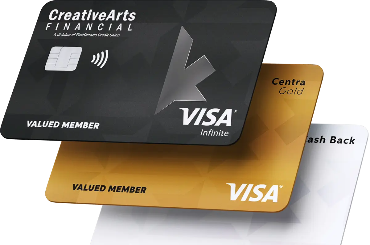 Three Creative Arts Financial Visa credit cards stacked diagonally, featuring Visa Infinite in black, Centra Gold in gold, and Cash Back in white.