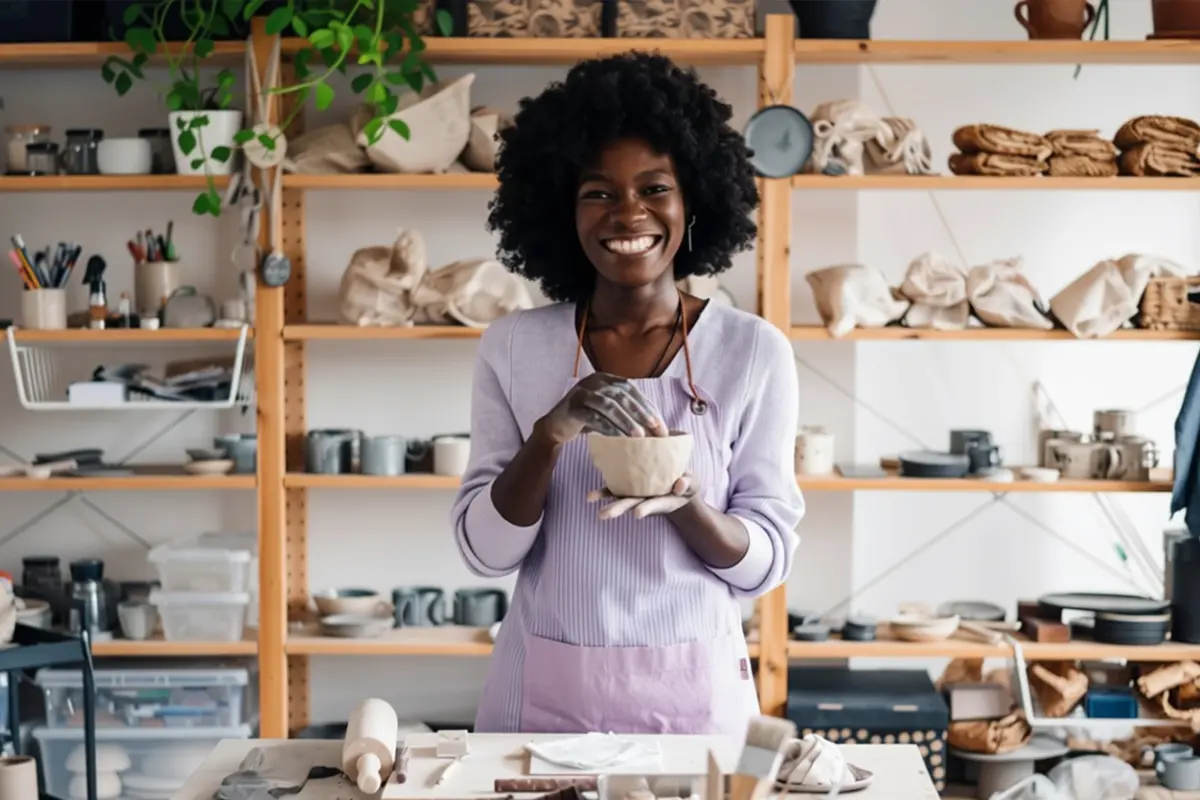 Person crafting pottery in studio.