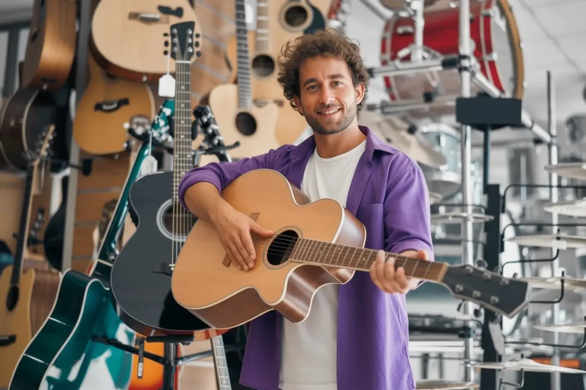 Person choosing acoustic guitar in store.