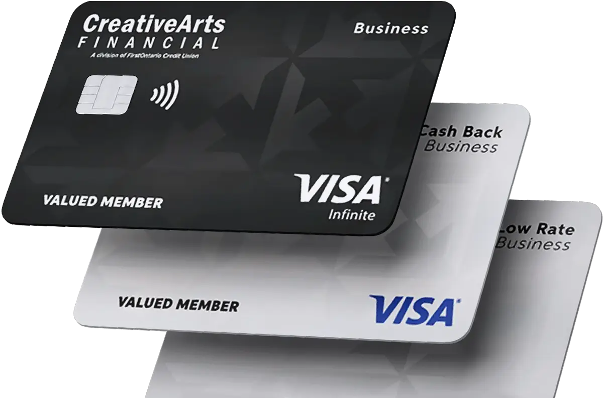 tack of Creative Arts Financial business credit cards, including Visa Infinite, Cash Back Business, and Low Rate Business cards.