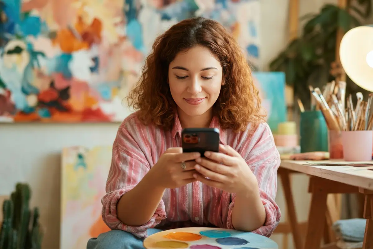Woman sitting in an art studio, smiling while using her phone.