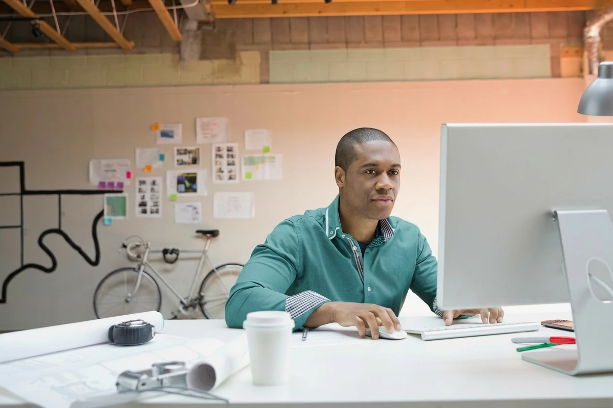Designer working at a large desktop computer in a modern creative studio with sketches, plans, and a bicycle in the background.