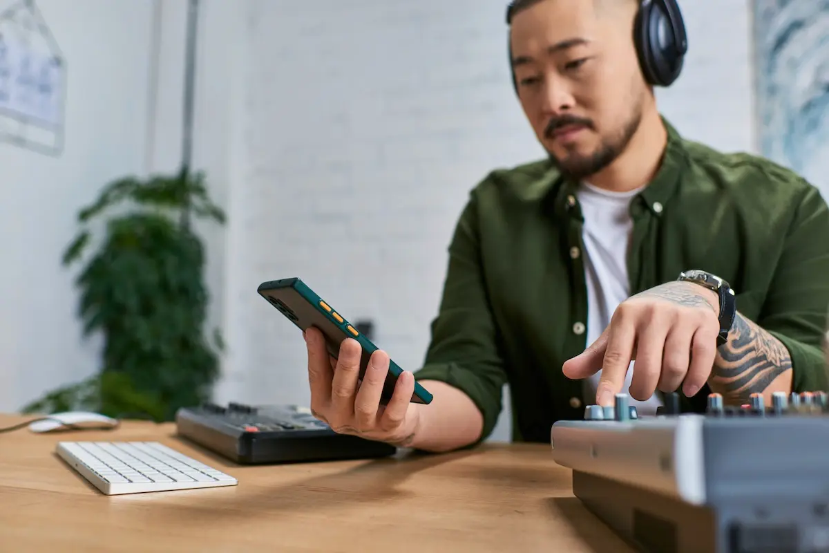 A creative professional with headphones and tattoos works at a sound mixing desk while looking at his smartphone, representing a freelancer managing their finances and tracking income in the gig economy.