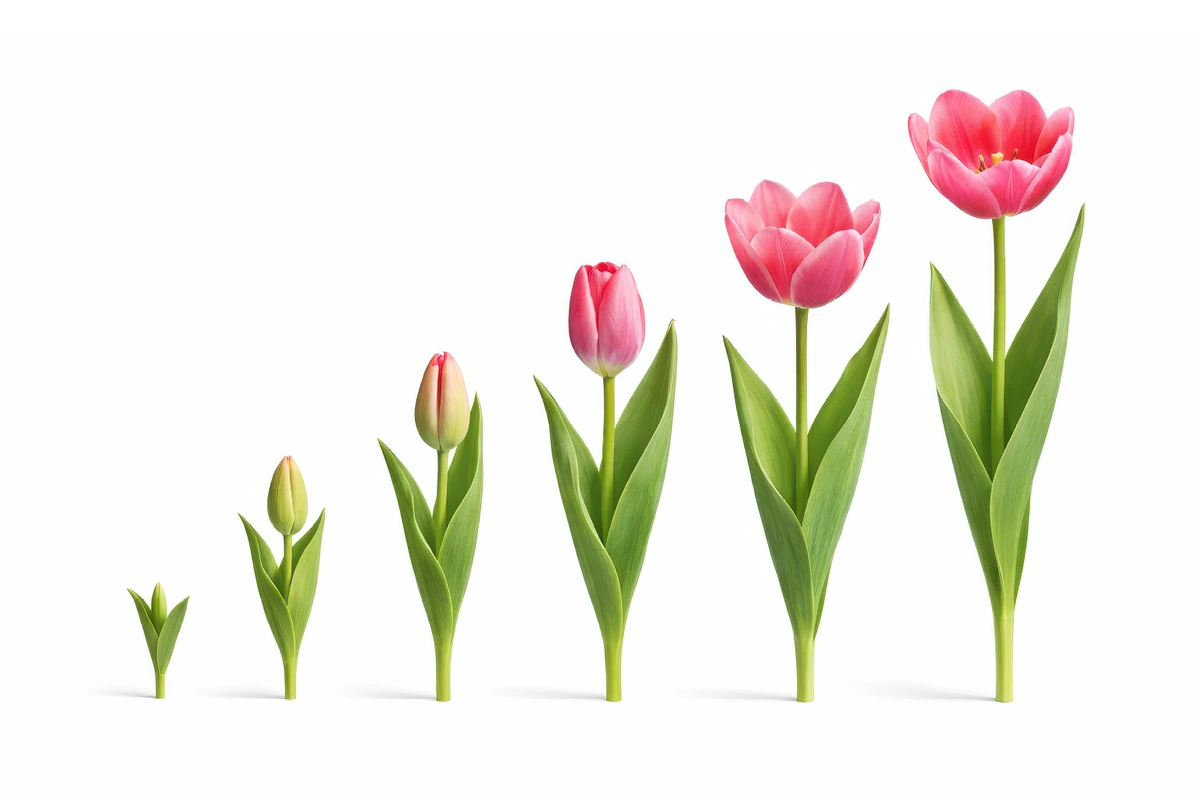 Stages of a tulip growing from a small sprout to a fully bloomed flower.