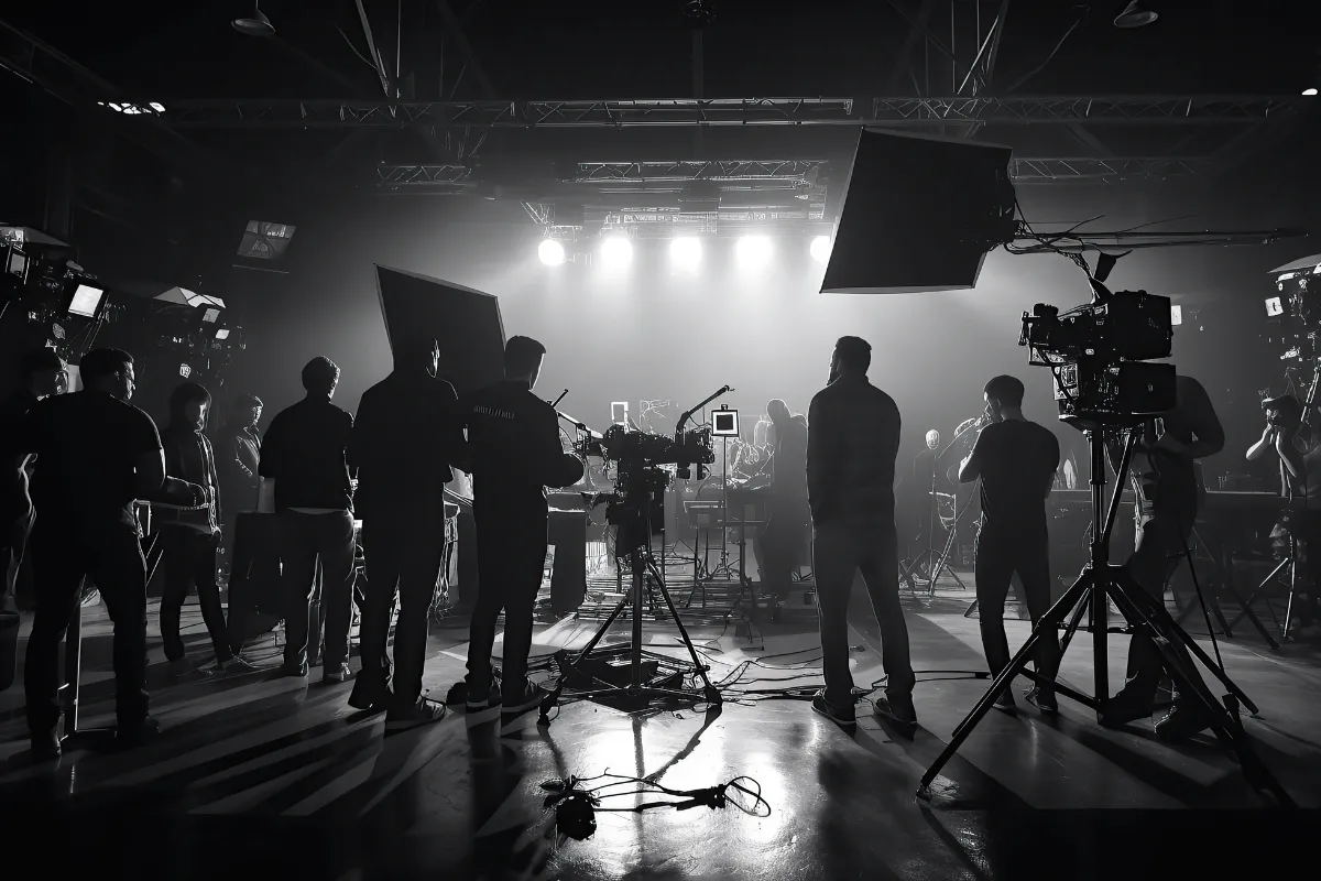 Film set with production crew and cameras, representing financial planning and banking for working actors.