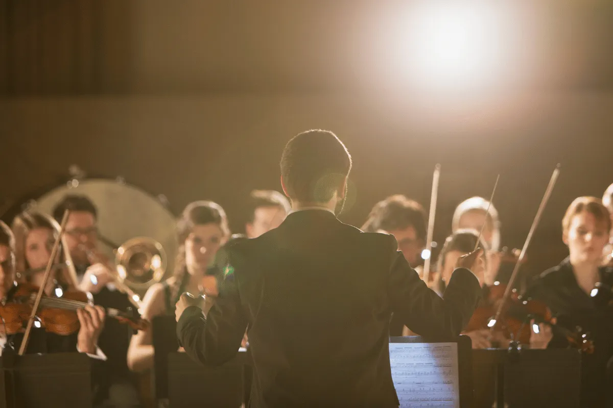 Orchestra performing on stage, symbolizing structured financial planning for professional artists and performers.
