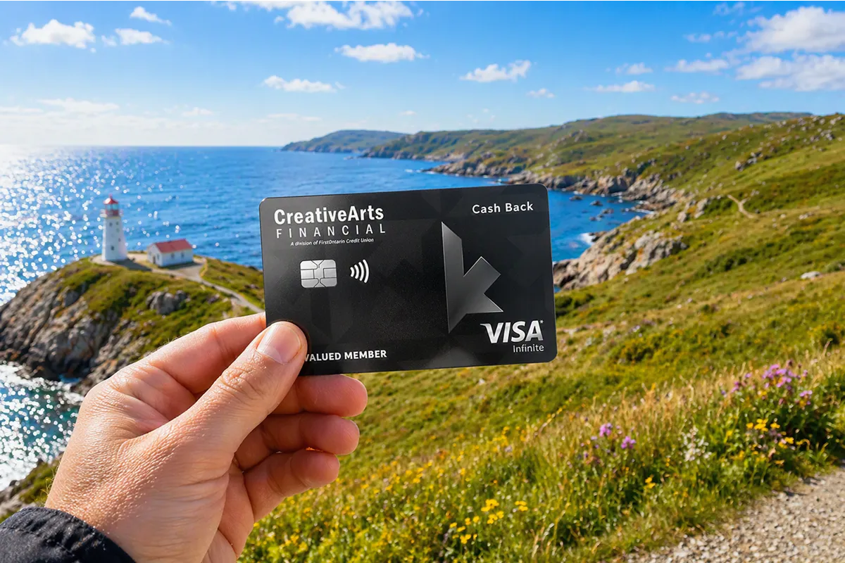 Apply for a Creative Arts Financial credit card for a chance to win an escape to Atlantic Canada. Hand holding a Creative Arts Financial credit card over scenic Atlantic Canada coastline.