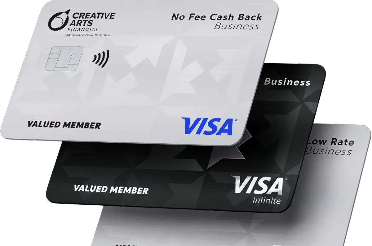 Three Creative Arts Financial business credit cards, including Visa Infinite, Cash Back Business, and Low Rate Business cards.