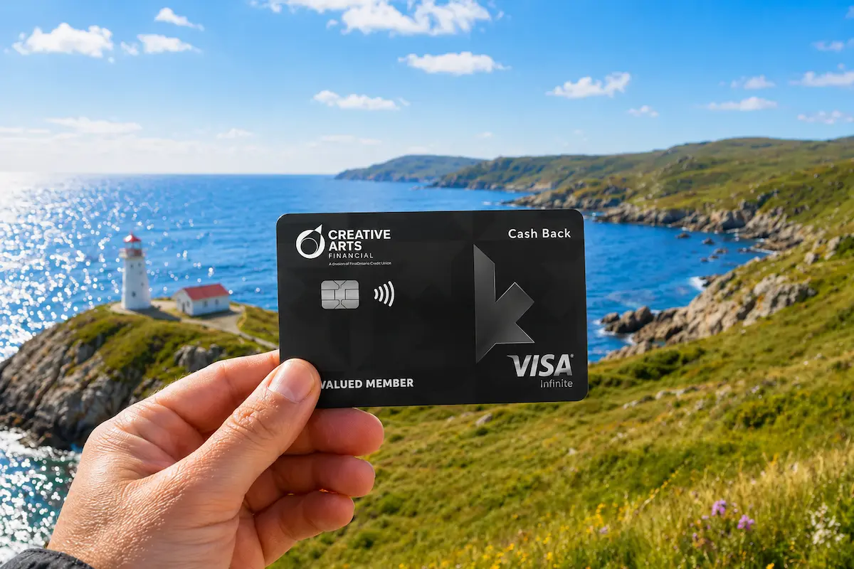 Apply for a Creative Arts Financial credit card for a chance to win an escape to Atlantic Canada. Hand holding a Creative Arts Financial credit card over scenic Atlantic Canada coastline.