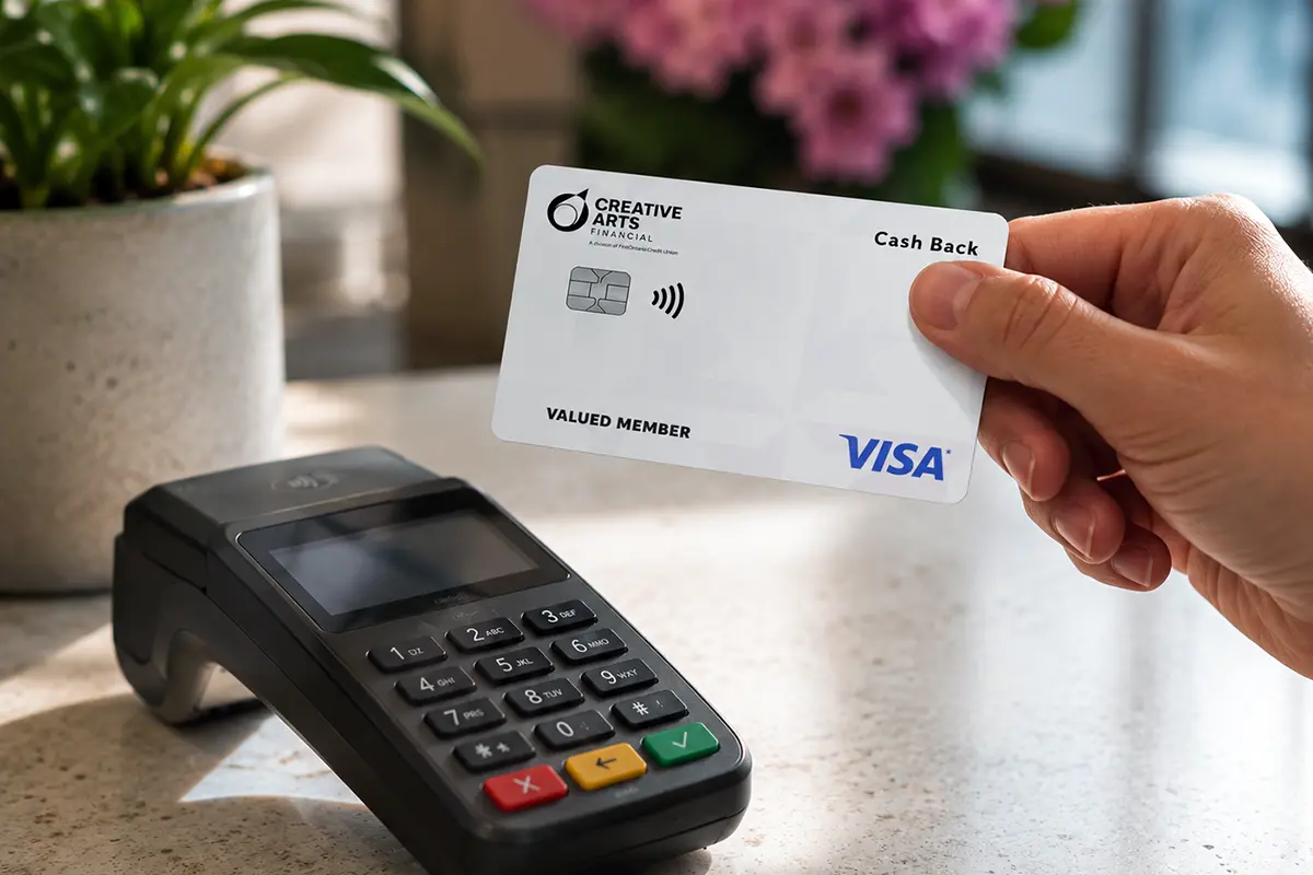 Hand holding a Creative Arts Financial Visa Cash Back credit card near a teal card reader for a contactless payment.