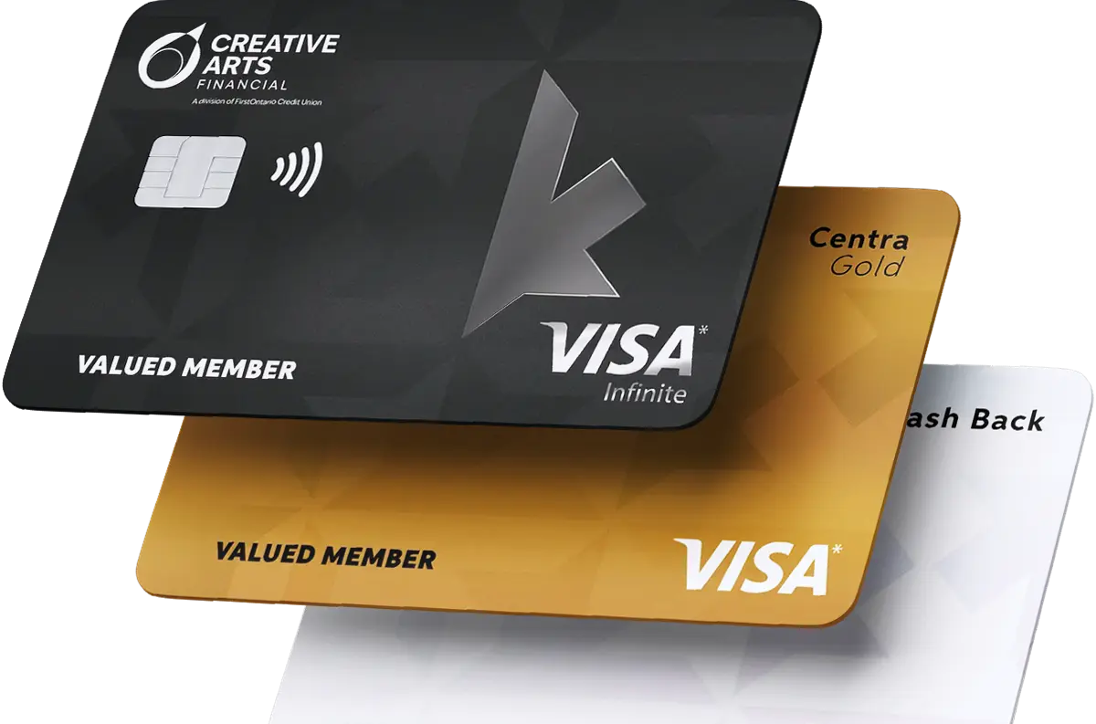 Three Creative Arts Financial Visa credit cards stacked diagonally, featuring Visa Infinite in black, Centra Gold in gold, and Cash Back in white.